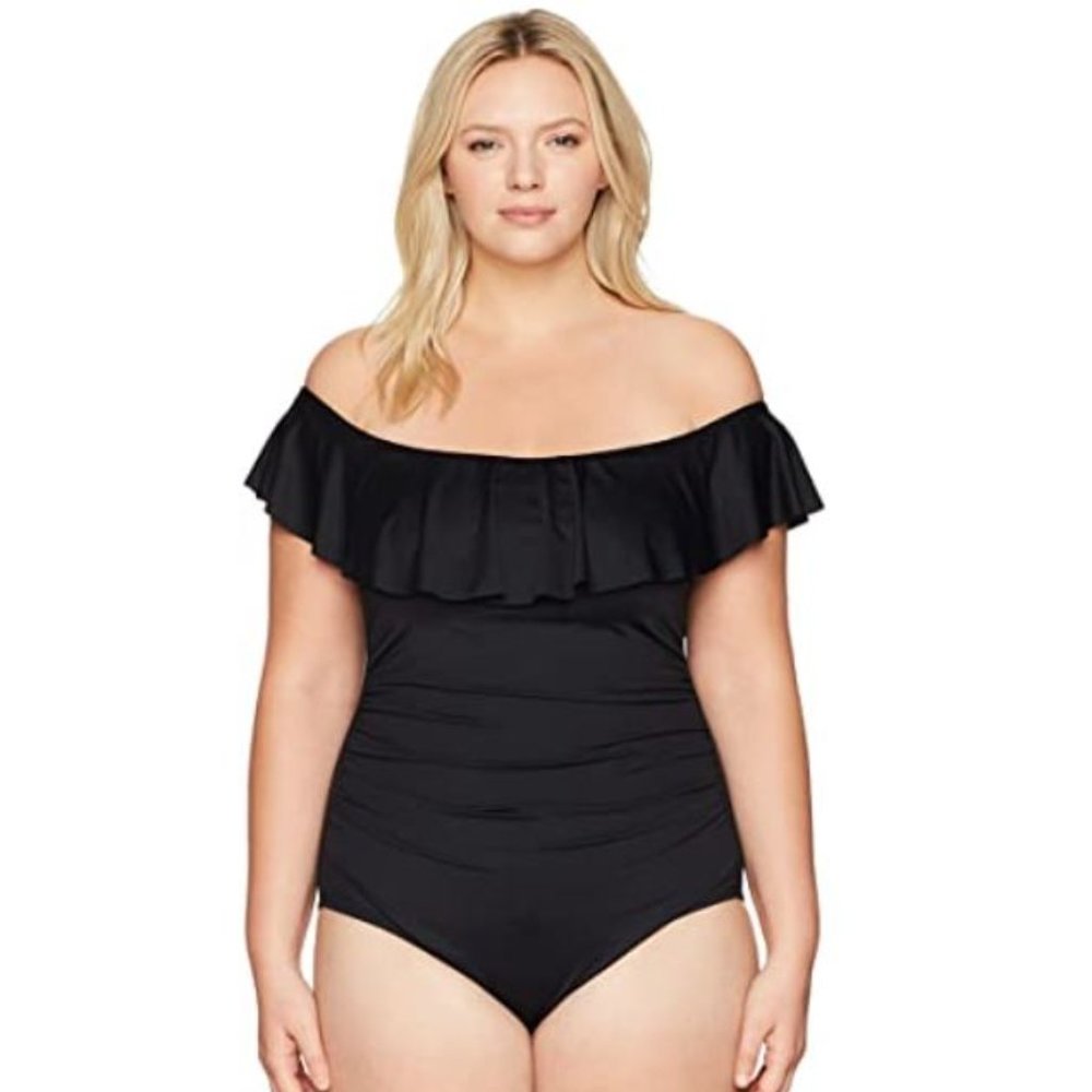 NWT La Blanca Black Ruffled One Piece Swimsuit 22W